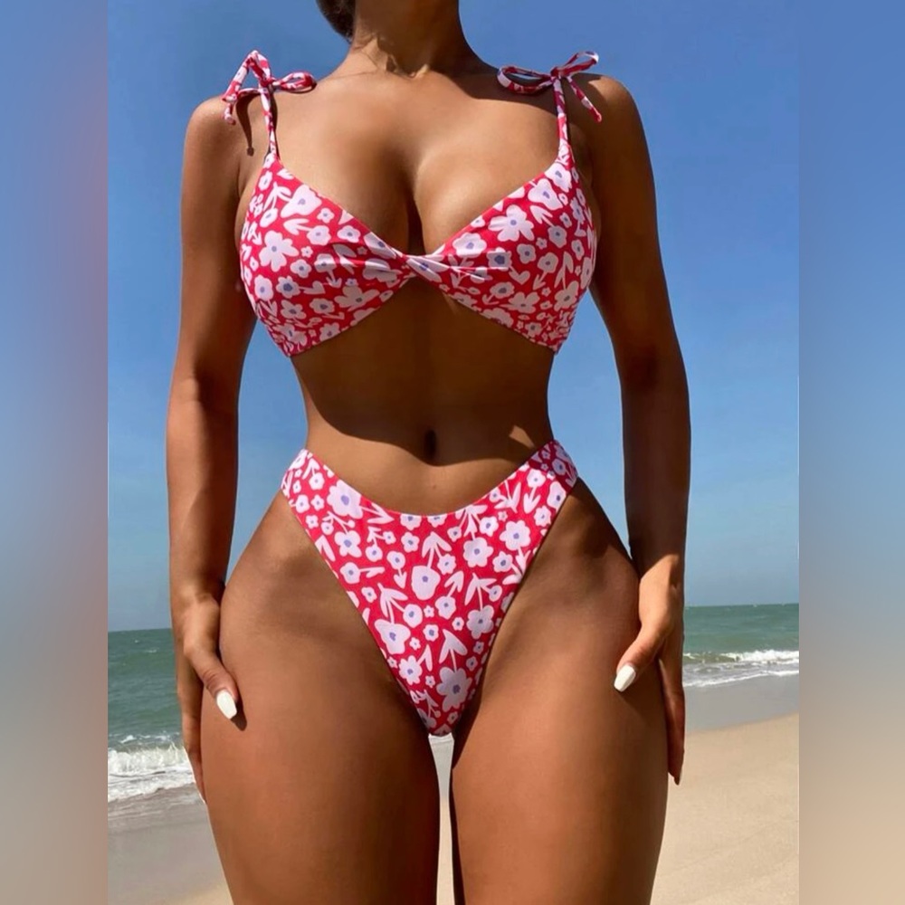 Floral Print Tie Shoulder Bikini Swimsuit